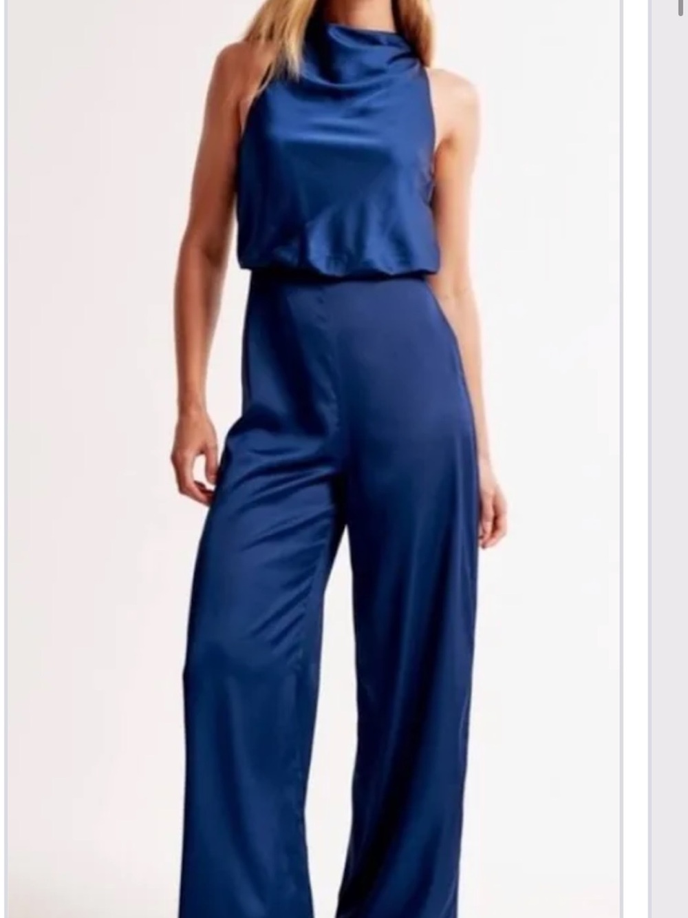 Abercrombie & Fitch Navy Satin Halter Wide-Leg Jumpsuit